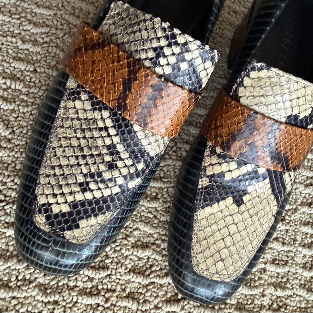 Freda Salvador Black, Brown & Cream Snakeskin Loafers